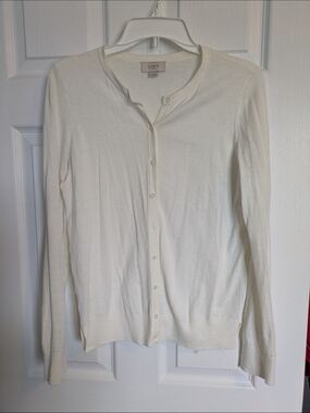 LOFT Women's Ivory Button-Up Crewneck Cardigan Sweater
